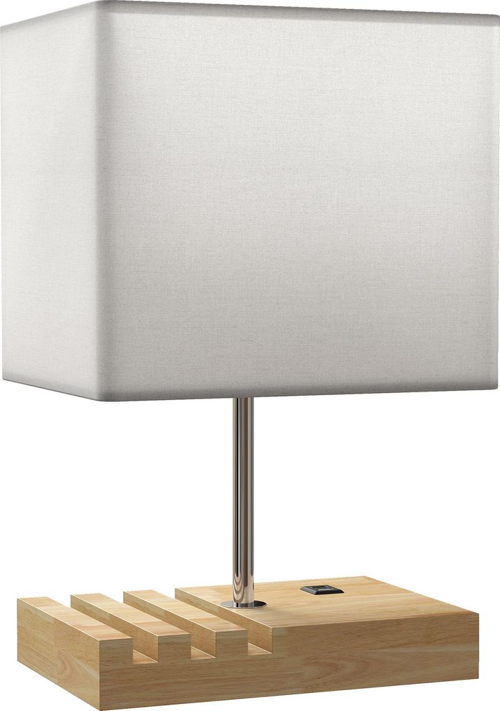 Nachttischlampe, USB-Anschlüsse, Holz, Stoff, Wippschalter, Ablagefächer, Weiß
