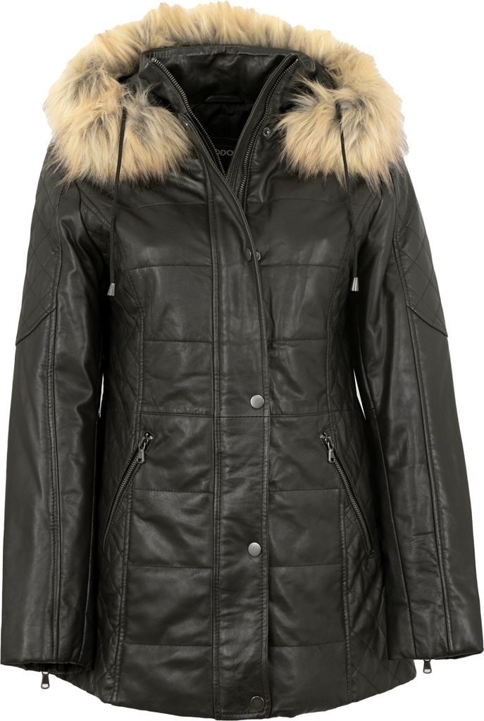 MADDOX - Damen Lederjacke Lammnappa Kapuze Kunstfell schwarz : 38