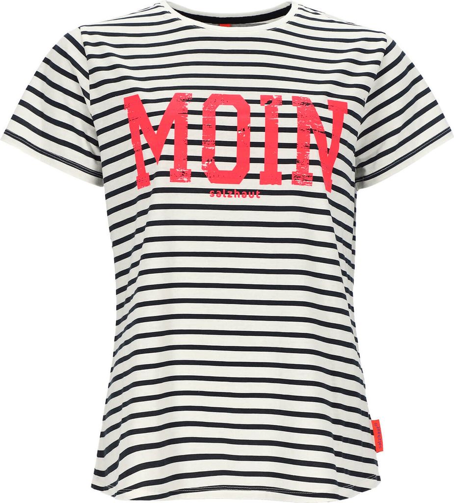 Salzhaut Damen T-Shirt Steentje mit Moin-Print - Modisches Kurzarm-Shirt mit Rundhalsausschnitt in Navy Offwhite-Neon Pink Größe S
