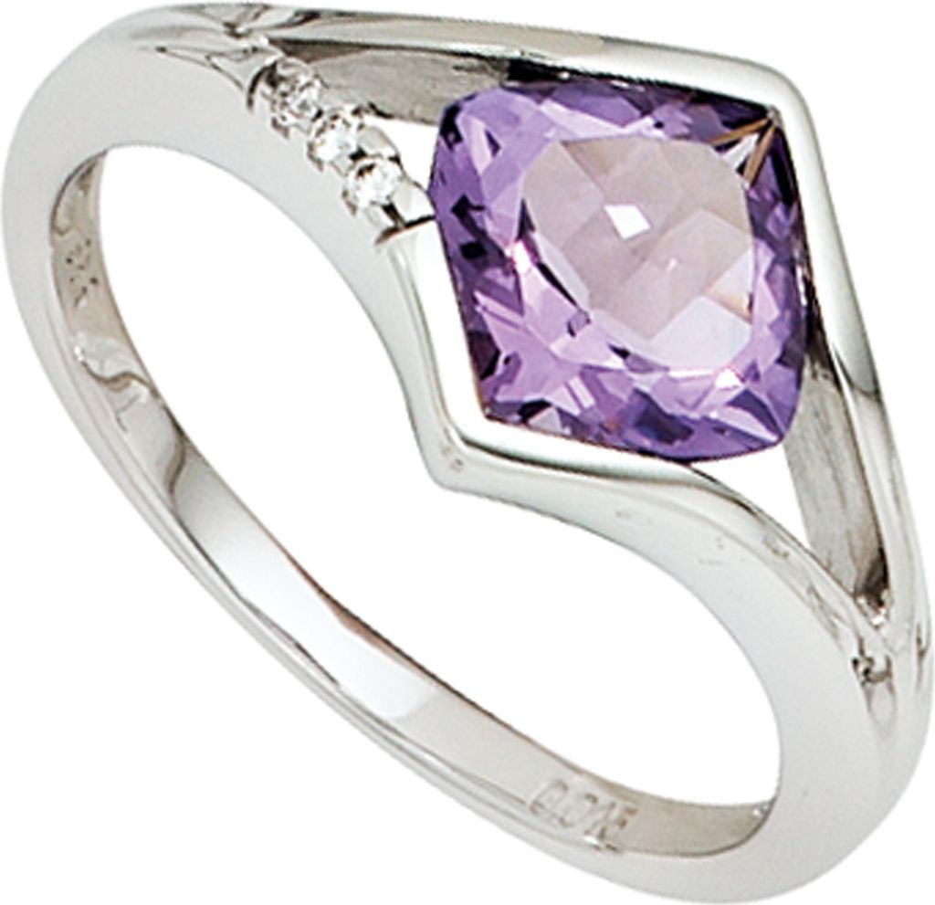 JOBO Damen Ring 585 Gold Weißgold 3 Diamanten Brillanten 1 Amethyst violett Goldring Größe 56