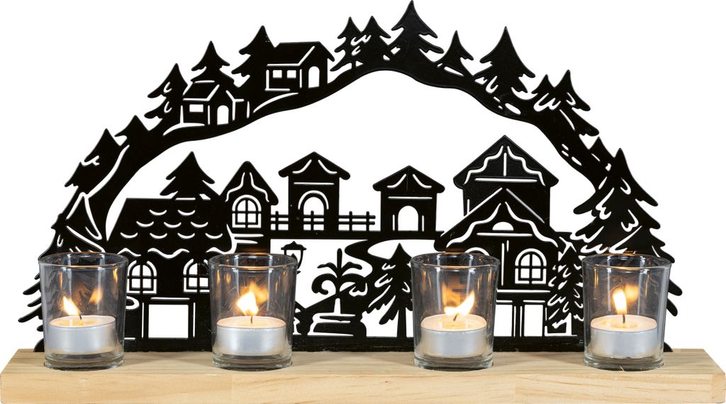 HGD winterlicher Mini-Lichterbogen - Winterdorf - aus Metall mit Holzsockel - in elegantem schwarzen Look - Dekoration für 4 Teelichter - HW65-2281