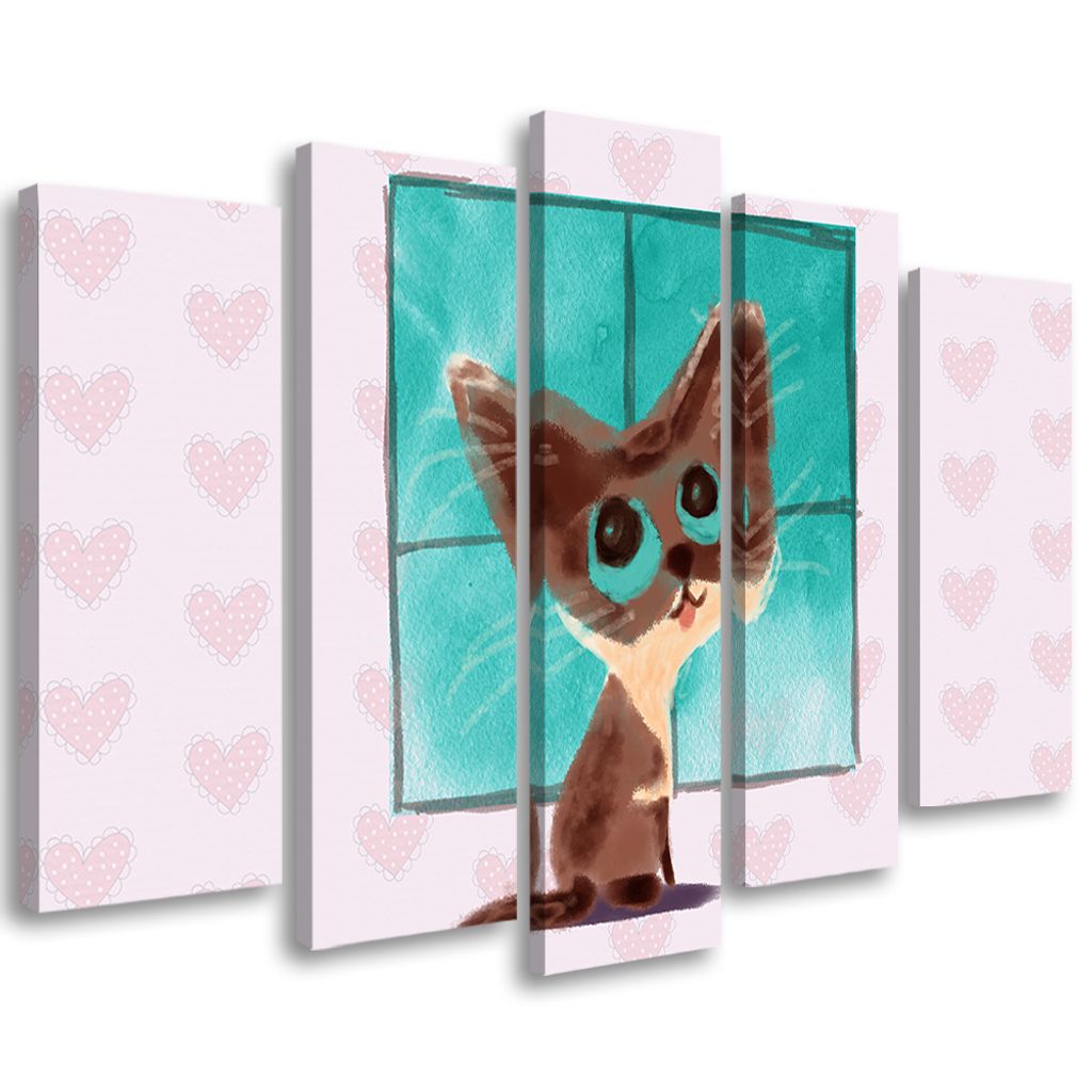 5-teiliges leinwandbild kleine katze 100x70 cm Feeby rosa wandbild bereit zum aufhängen