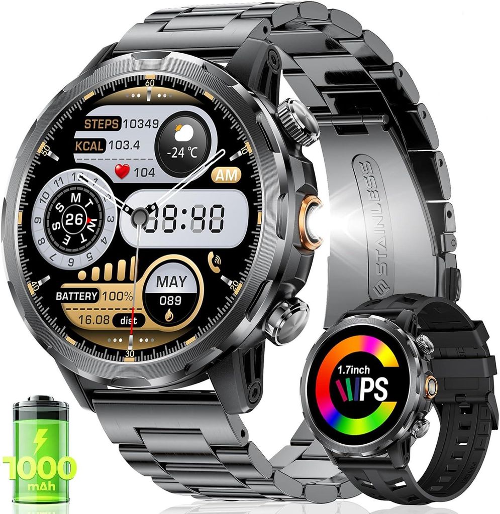 Smartwatch mit 1000mAh Akku, 1,7'' Großes Display Militär Produktbild 