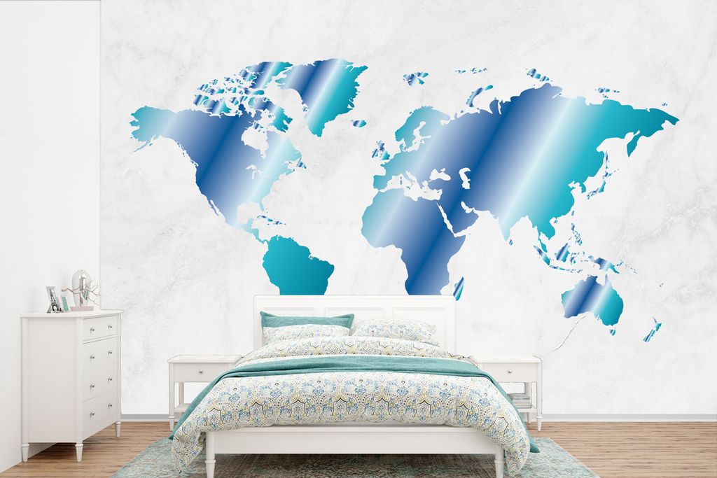 MuchoWow Fototapete für Wohnzimmer oder Schlafzimmer Wandtapete Vinyl Motivtapete Weltkarte - Blau - Marmor - 525x350 cm - Das Hintergrundbild