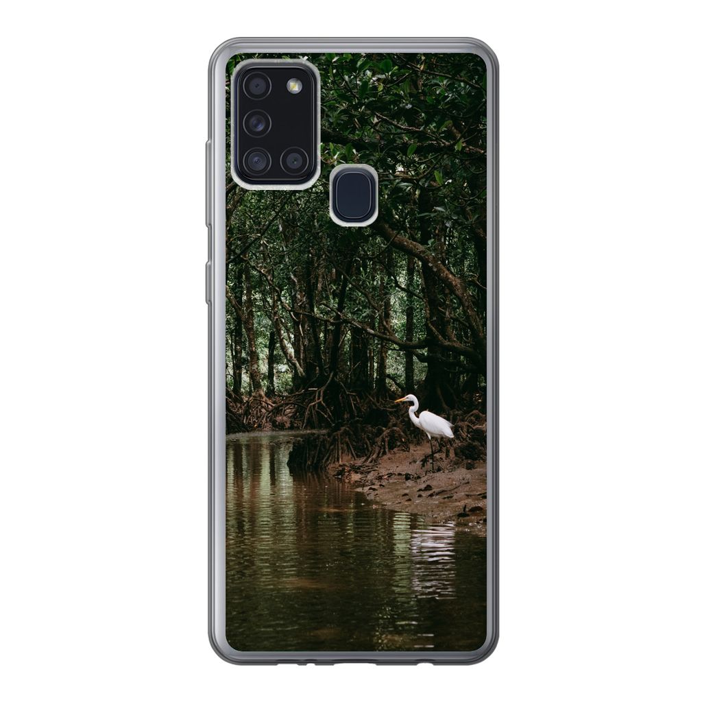 MuchoWow Handyhülle Schutzhülle Hülle für Samsung Galaxy A21s Reiher - Wald - See Silikon Softcase Handy Hülle - Hartschale