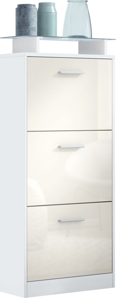 Vladon Schuhschrank Lavia V2, Schuhkipper für 12 Paar Schuhe mit 3 Klappen und Glasablage, Weiß matt/Creme Hochglanz (46 x 128 x 23 cm)