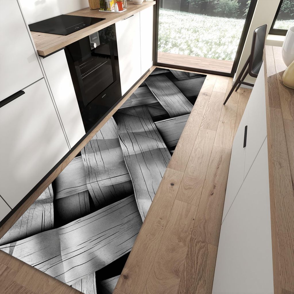 Küchenteppich 80x300cm rutschfest & abwischbar PVC Läufer - Geflochtenes Holz