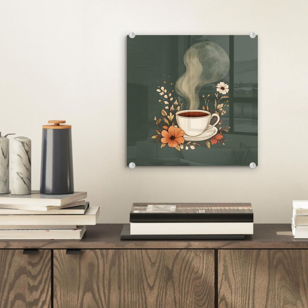 MuchoWow Glasbilder - Bilder auf Wandbild - Foto auf Glas Tasse - Blumen - Grün - Kaffee 20x20 cm Wanddekoration aus Glas - Acrylglasbild - Acrylb...
