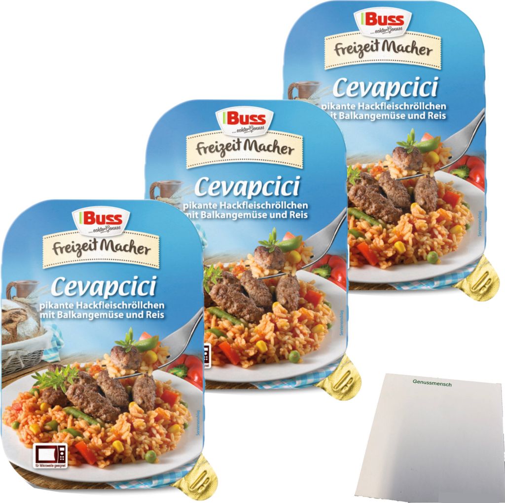 Buss Cevapcici Pikante Hackfleischröllchen mit Balkangemüse und Reis Fertiggericht 3er Pack (3x300g Packung) + usy Block