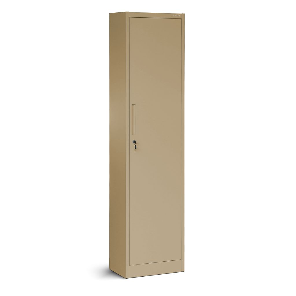 A single, tall, beige metal cabinet with one door and a small lock is presented against a plain white background.