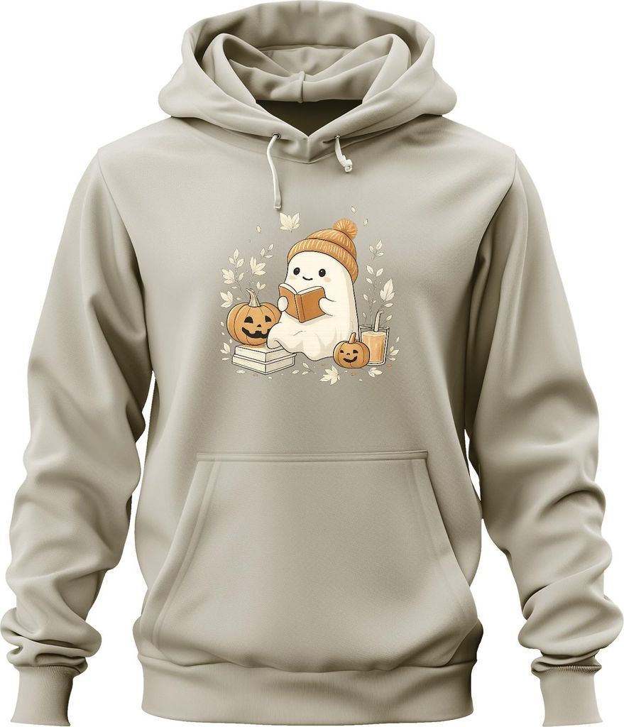 Halloween Süßes Gespenst liest Buch Herbst Kürbis kuschelig Lesen Uni Hoodie Kapuzenpullover, Natur, XXL