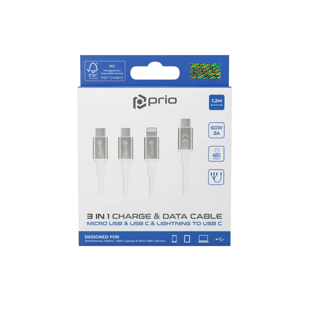 Prio Cavo 3 in 1 Micro USB, Lightning e USB-C a USB-C 3A Bianco 1,2m - 3