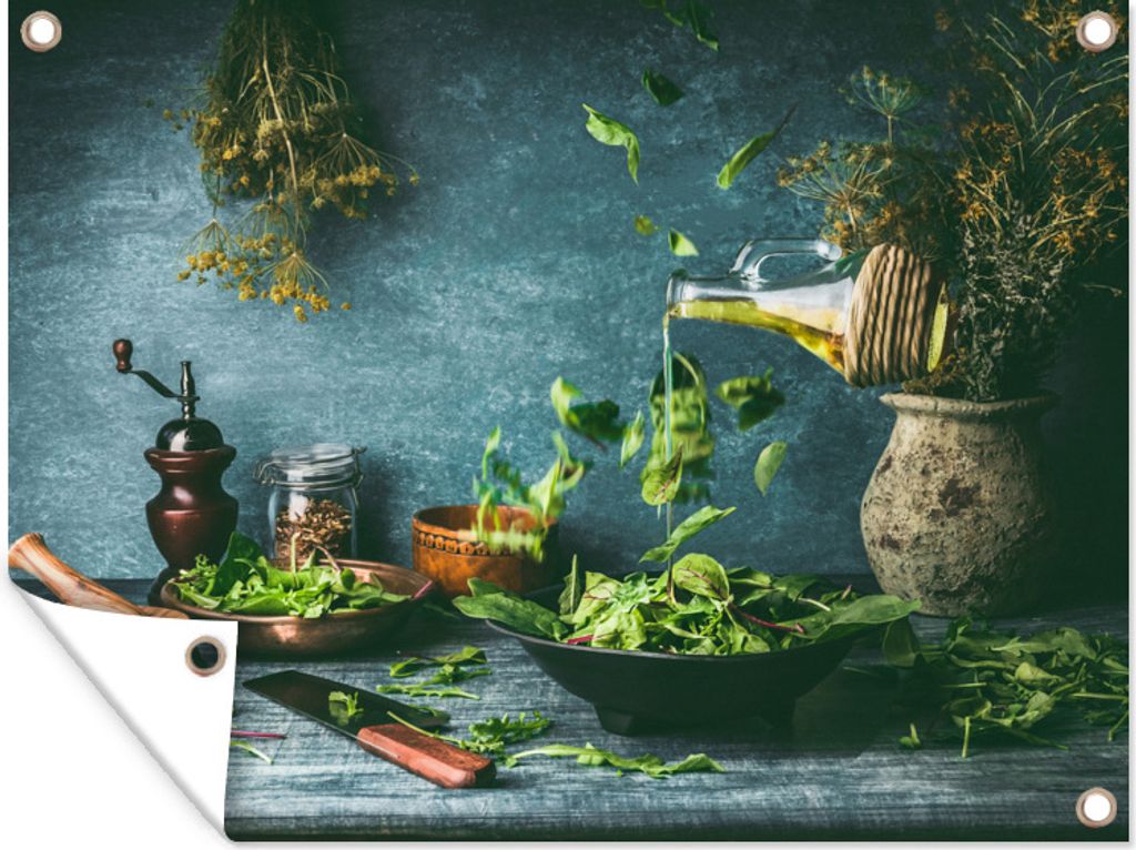MuchoWow 80x60 cm Outdoor-Poster Gartendeko Sichtschutz Garten Poster für den Garten Grüner Salat mit Olivenöl auf dem Küchentisch