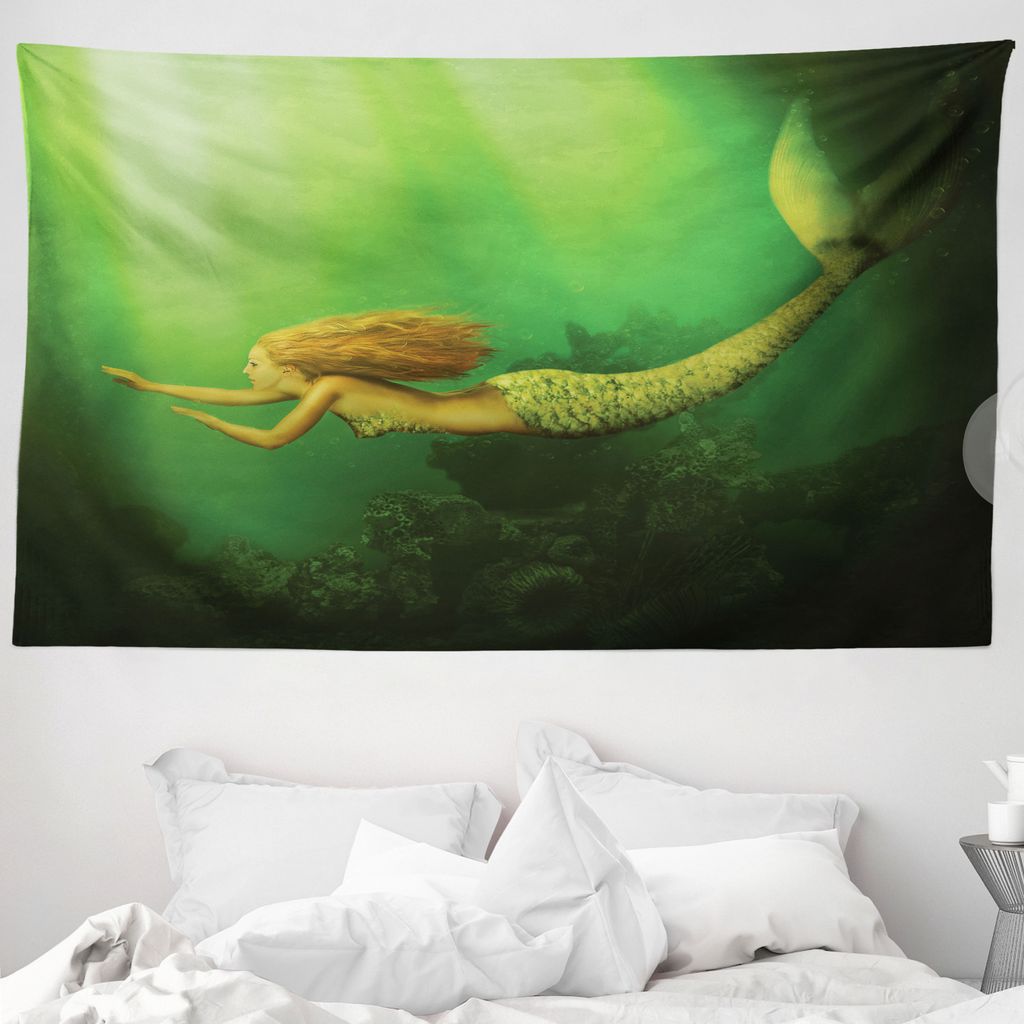 ABAKUHAUS Ozean Wandteppich, Mermaid mit Fish Tail aus Weiches Mikrofaser Stoff Waschbar ohne Verblassen Digitaldruck, 230 x 140 cm, Dark Green Gin...