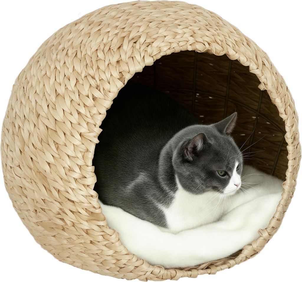 PawHut Katzenkorb, Katzenhaus mit weichem Kissen, geräumigem Innenraum, Spindelholz, 45 x 41 x 37 cm, Braun