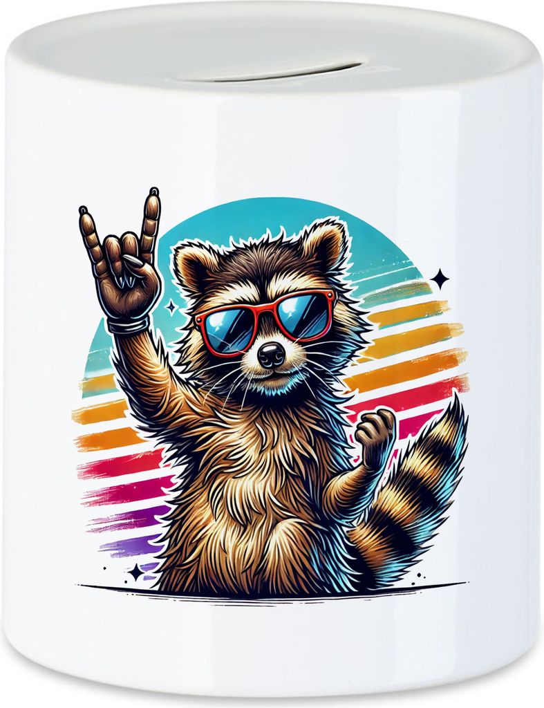 Waschbär Sonnenbrille Spardose Rock'n'Roll Retro Cool Tier Style