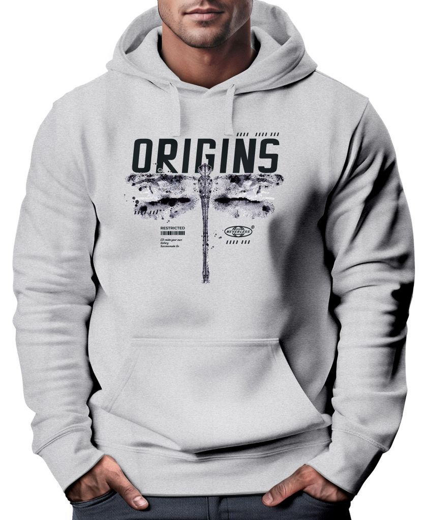 Hoodie Herren T-Shirt Libelle Schmetterling Butterfly Grafik Design Printshirt Future Techwear Fashion Streetstyle Neverless grau 5XL