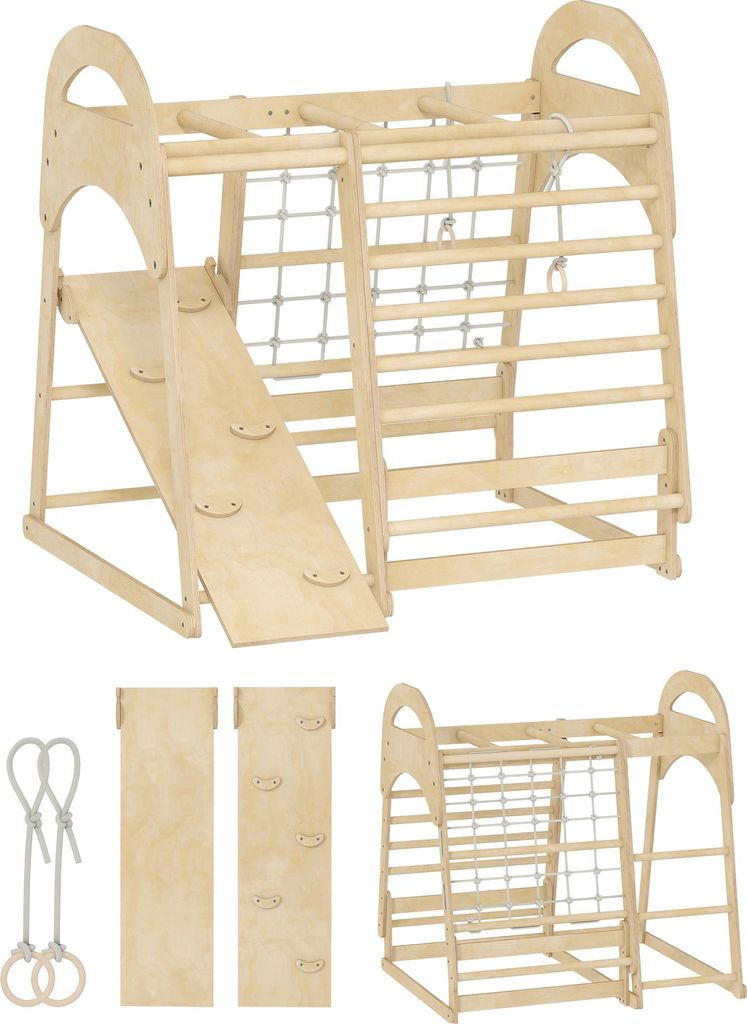 Indoor-Klettergerüst, 6-in-1 Design, Rutsche, Kletterstangen, Kletterwand, Leiter, Kletternetz, 3-6 Jahre, Holz