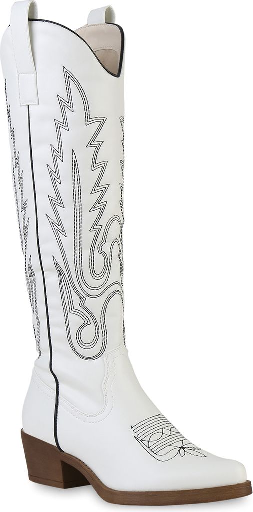 VAN HILL Damen Stiefel Cowboystiefel Stickereien Boots Spitz Western Schuhe 839569, Farbe: Weiß, Größe: 37
