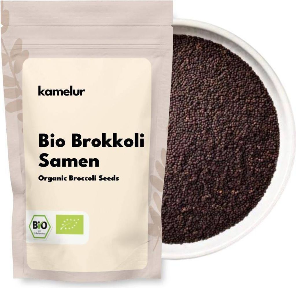A bag of organic broccoli seeds next to a bowl of the seeds.