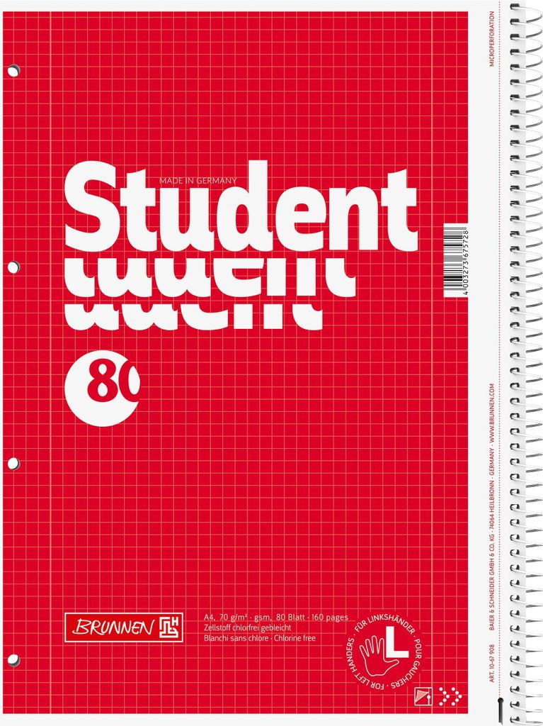 BRUNNEN Collegeblock Student Linkshänder | A4, Lineatur 28, 80 Blatt, rot