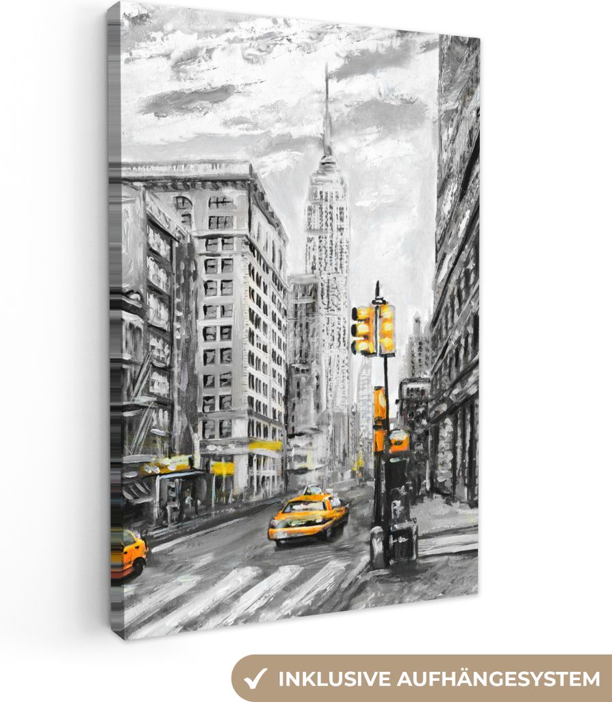 MuchoWow - Leinwandbilder - Malerei - Stadt - Auto - Gelb, Wandbild, Wanddeko Bilder Wohnzimmer, 60x90 cm
