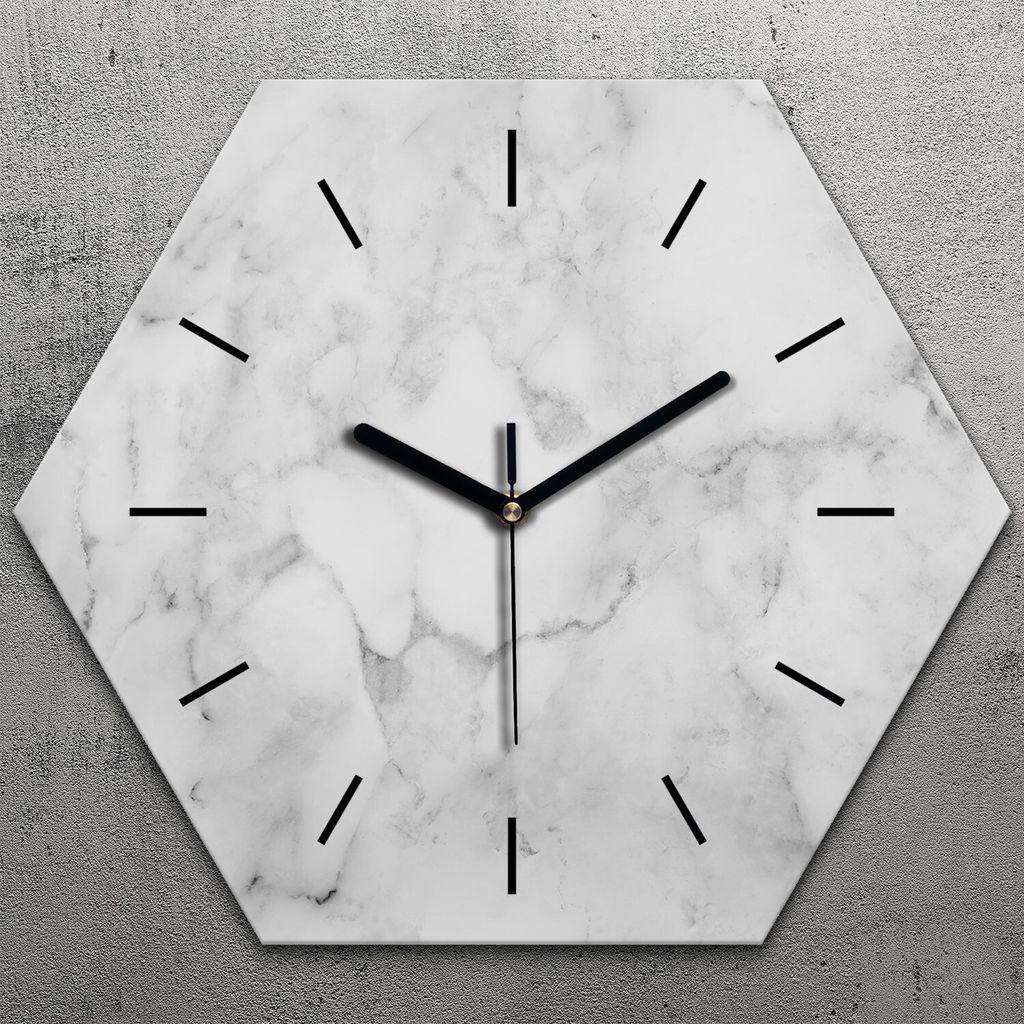 Uhr hexagonal 40 cm Glas Geräuschlos schwarze Zeiger - weiss Marmor