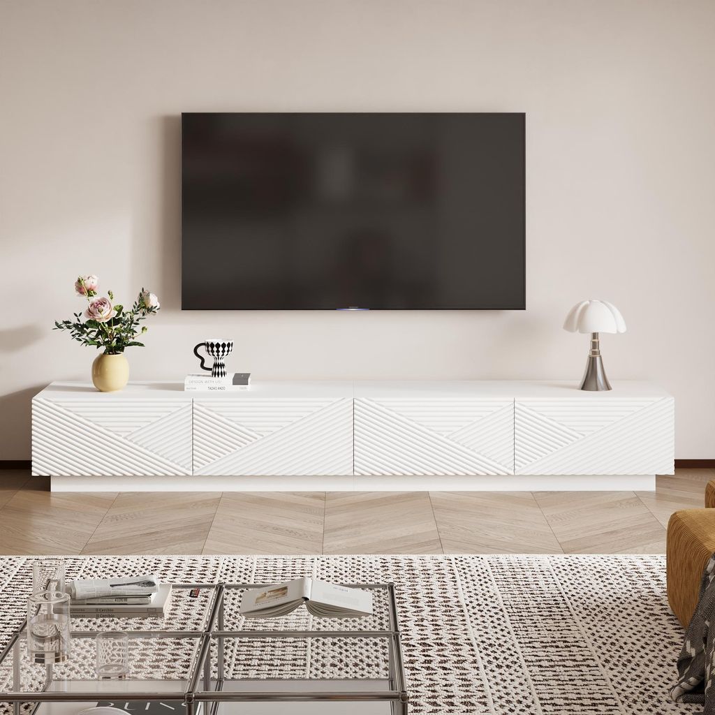 200 cm TV-Lowboard mit Klapptüren & Hydraulikstangen, TV-Board mit 4 Fächern, TV-Schrank, TV-Unterschrank für Wohnzimmer, Weiß, MDF, 200 × 30 ...