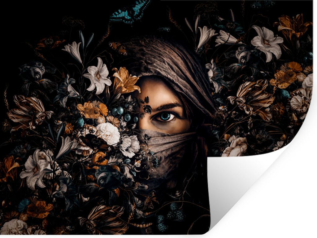 MuchoWow Wandtattoo Wandsticker Wandaufkleber Frau - Luxus - Blumen - Schmetterling - Porträt 160x120 cm Selbstklebend und Repositionierbar - Se...