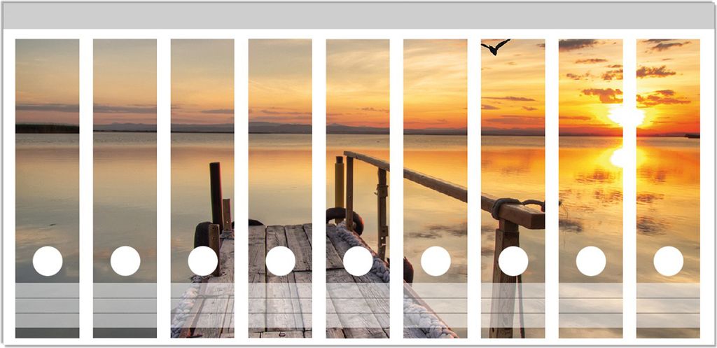 Wallario Ordnerrücken Sticker, selbstklebend für breite Ordner, 9 Stück, Motiv Sonnenuntergang über dem See idyllischer Steg