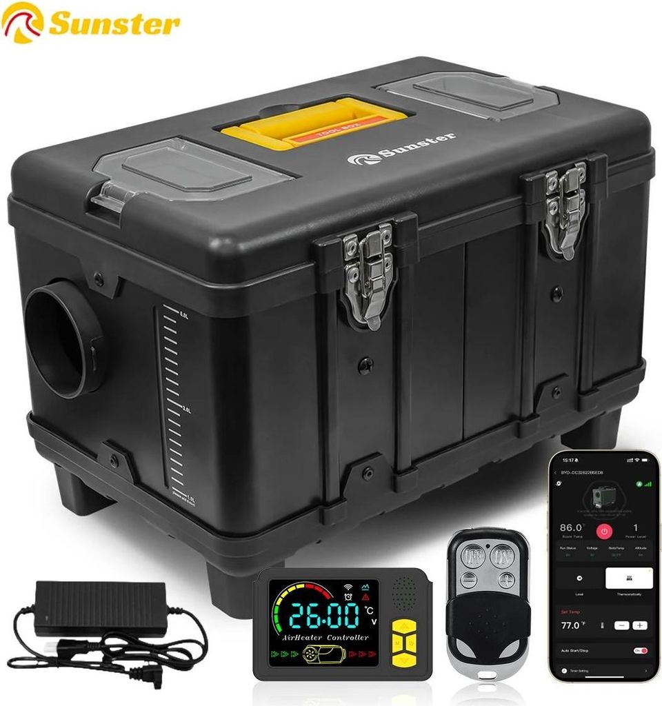 Diesel Luftstandheizung im Werkzeugkoffer - A2200BS - 8 kW - 12V/24V & AC 110–240 V - Bluetooth App & Fernbedienung - Konstanttemperatur & Lüfte...