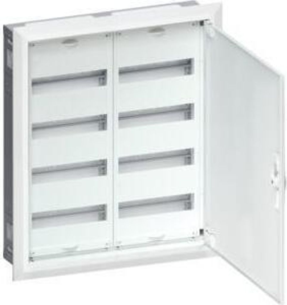 An open white electrical distribution box with multiple compartments.