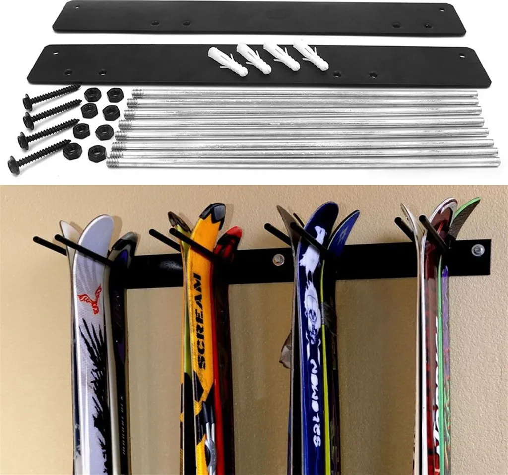 WISFOR Support Mural de Ski pour 4 Paires - 2 Pièces en Acier Noir