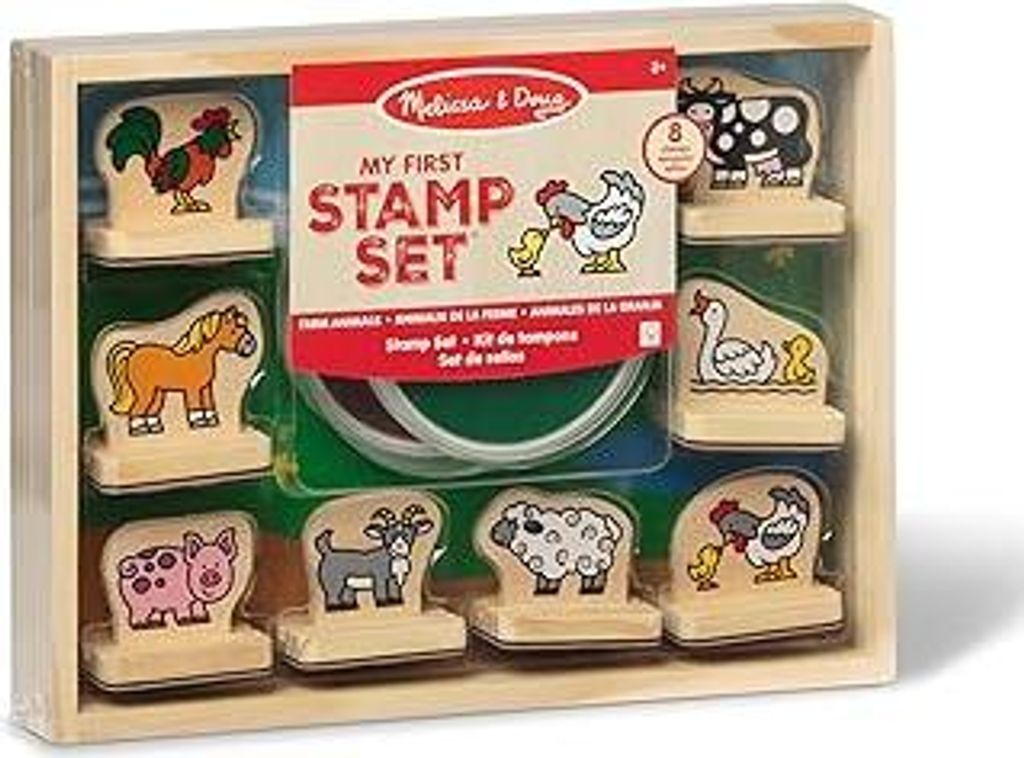 Melissa & Doug - Holz-Stempelset Bauernhoftiere, 8 Holzstempel, 2 Stempelkissen, Aufbewahrungsbox, Für Kinder ab 3 Jahren
