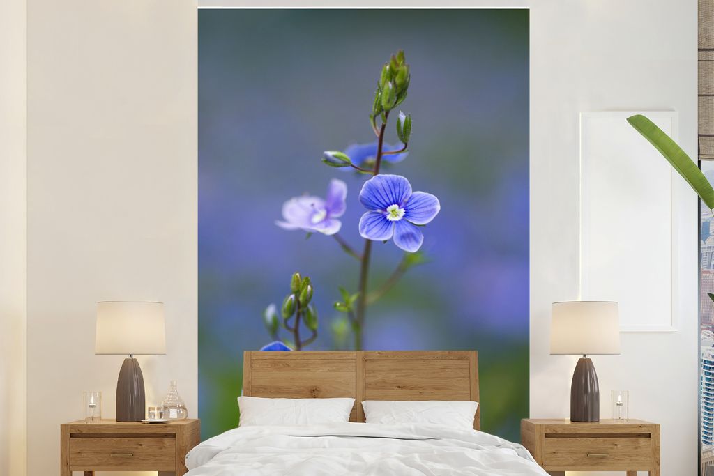 MuchoWow Fototapete für Wohnzimmer oder Schlafzimmer Wandtapete Vinyl Motivtapete Lila Blüten des hohen Brunnenkopfs mit unscharfem Hintergrund...