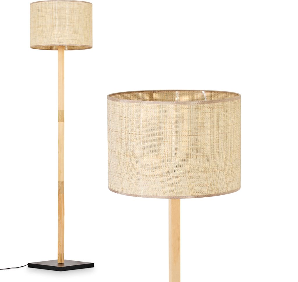 Reggio Stehlampe aus Holz/Metall/Papiergeflecht in Naturfarben/Schwarz/Beige