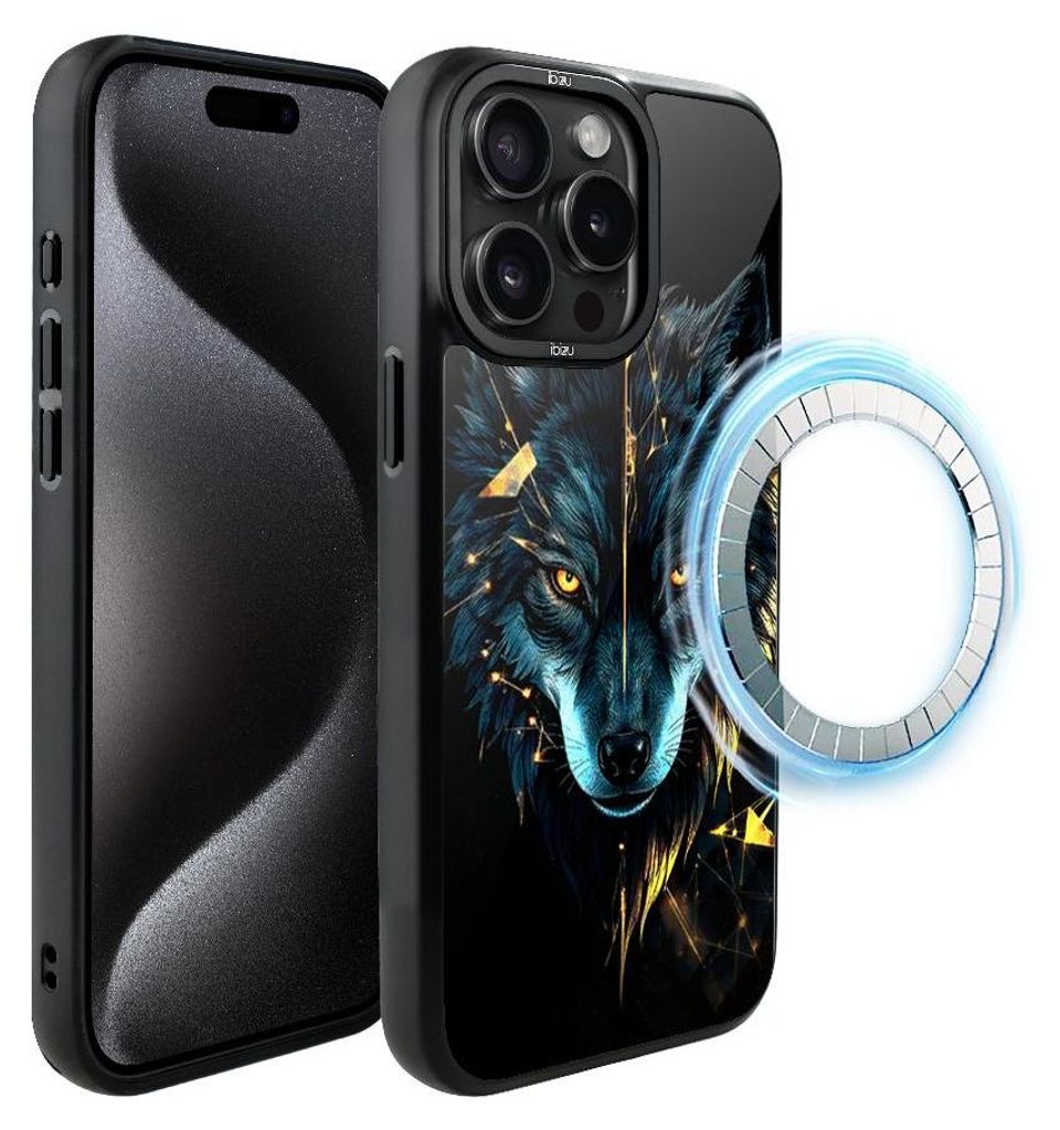 Schutzhülle für das iPhone 15 Pro Max, MagSafe-kompatibel, mattschwarze Seiten, Wolf, blau mit Gold