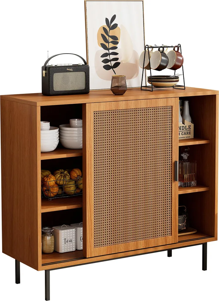 Credenza Sweiko per cucina, cassettiera con 2 ante scorrevoli e ripiano regolabile, mobile laterale in stile country per soggiorno e sala da pranzo. Dimensioni: L100/H90/D37 cm