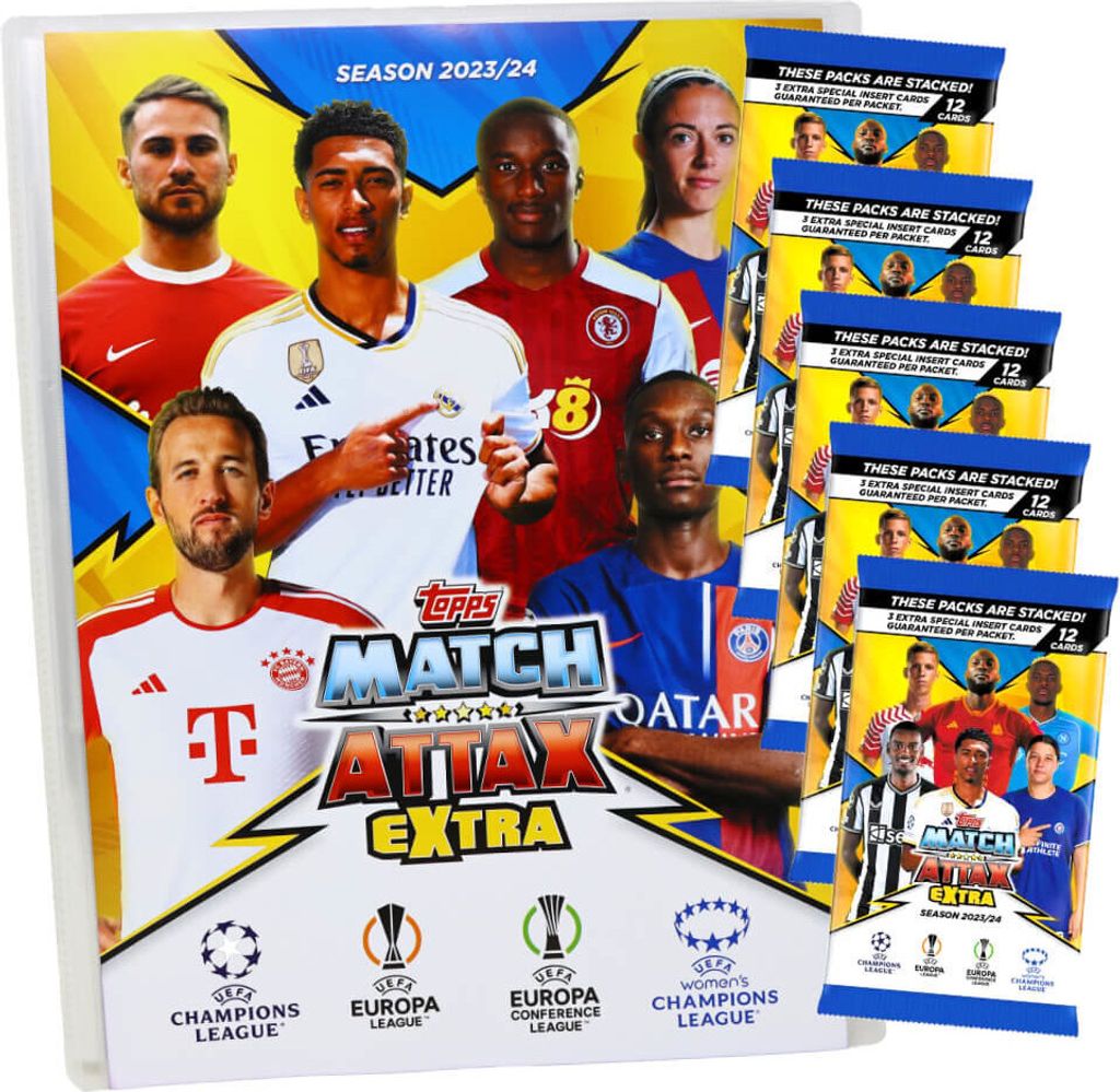 Topps Match Attax Karten Champions League Extra 2023-2024 - 1 Mappe + 5 Booster Sammelkarten