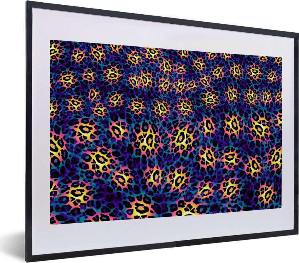 MuchoWow Gerahmtes Poster Design - Leopardenmuster - Gelb - Blau 40x30 cm - Poster mit Schwarzem Bilderrahmen Wandposter Rahmen Foto Bilder - Bil...