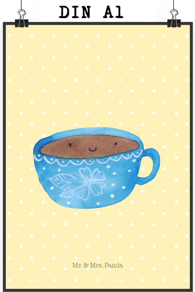 Mr. & Mrs. Panda Bild Kaffee Tasse DIN A1 - Gelb Pastell - Produktbild 