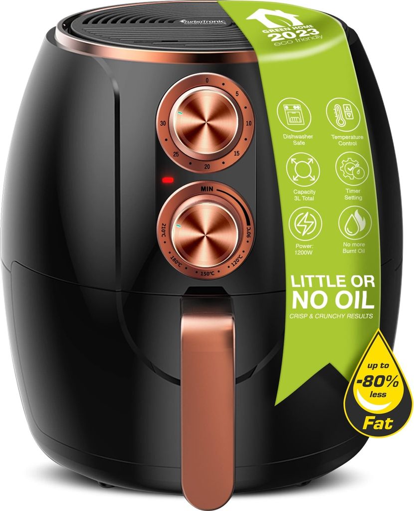 TurboTronic Heissluftfritteuse Retro 3 Liter - AF3 - Heißluftfritteuse, Airfryer, Fritteuse ohne Fett / Öl, 90°C 210°C Heiß Luftfritteuse Air ...