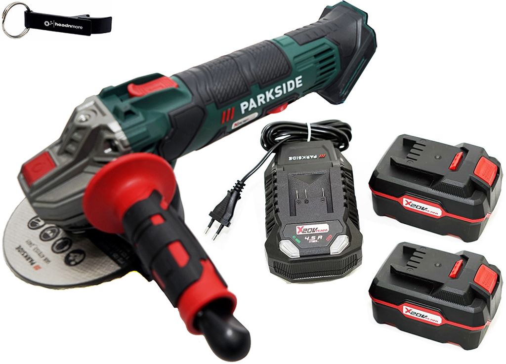HEADNMORE Bundle - PARKSIDE 20V Akku Winkelschleifer PWSA 20 im Transportkoffer + HEADNMORE Schlüsselanhänger (inkl. 2x 4Ah Akku)