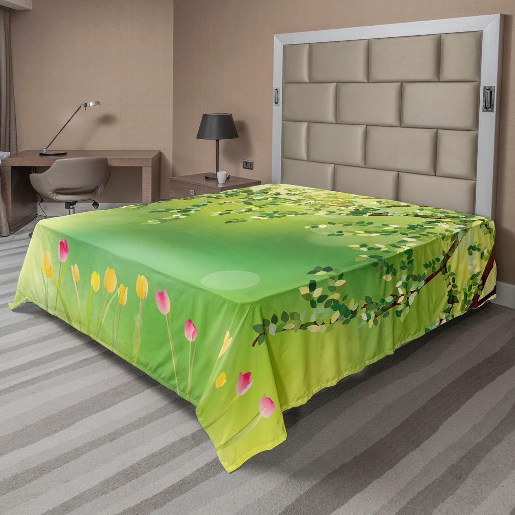 ABAKUHAUS Tulpe Bettlaken, Tulpen Mit Farbigen Blumenblättern Unter Baumast Im Klare Träumerische Blooms Kunst Arbeit, weiches bequemes oberes Be...