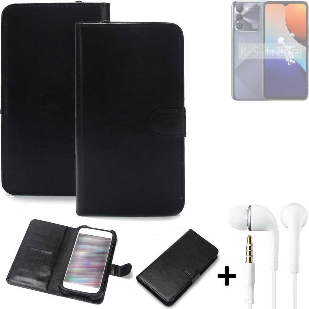 K-S-Trade Wallet Case Handyhülle kompatibel mit Tecno Spark 9 Schutzhülle Flip cover Flipstyle Tasche Hülle Flipcover Slim Bumper schwarz + in ear