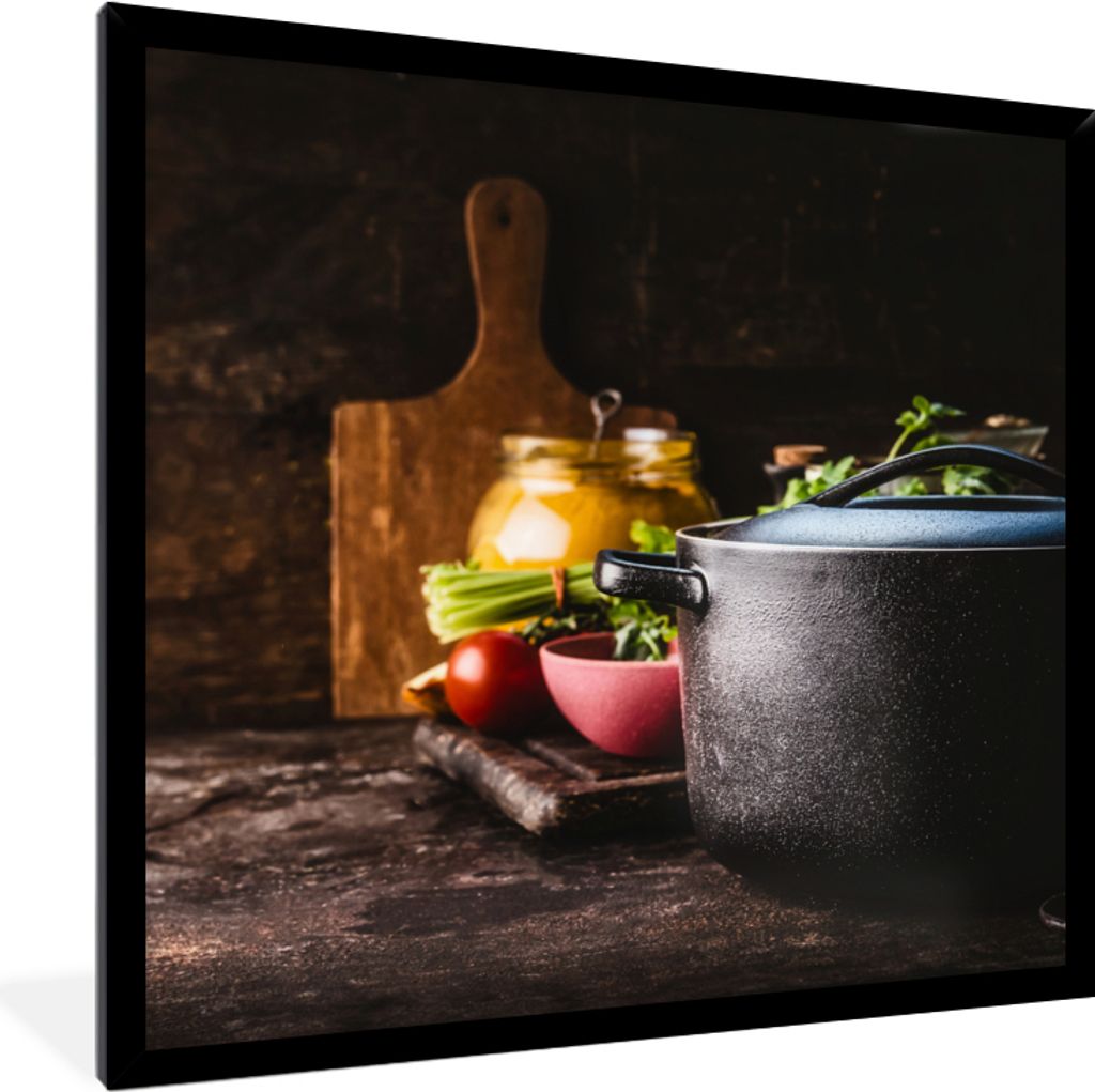 MuchoWow Gerahmtes Poster Rustikal - Stilleben - Pfanne - Gemüse 40x40 cm - Poster mit Schwarzem Bilderrahmen Wandposter Rahmen Foto Bilder - Mi...
