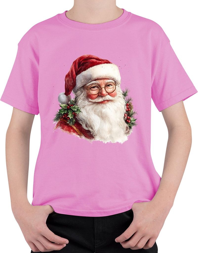Weihnachtsmann Aquarell Portrait Brille Stechpalme Vintage Uni Kinder T-Shirt, Pink, 152