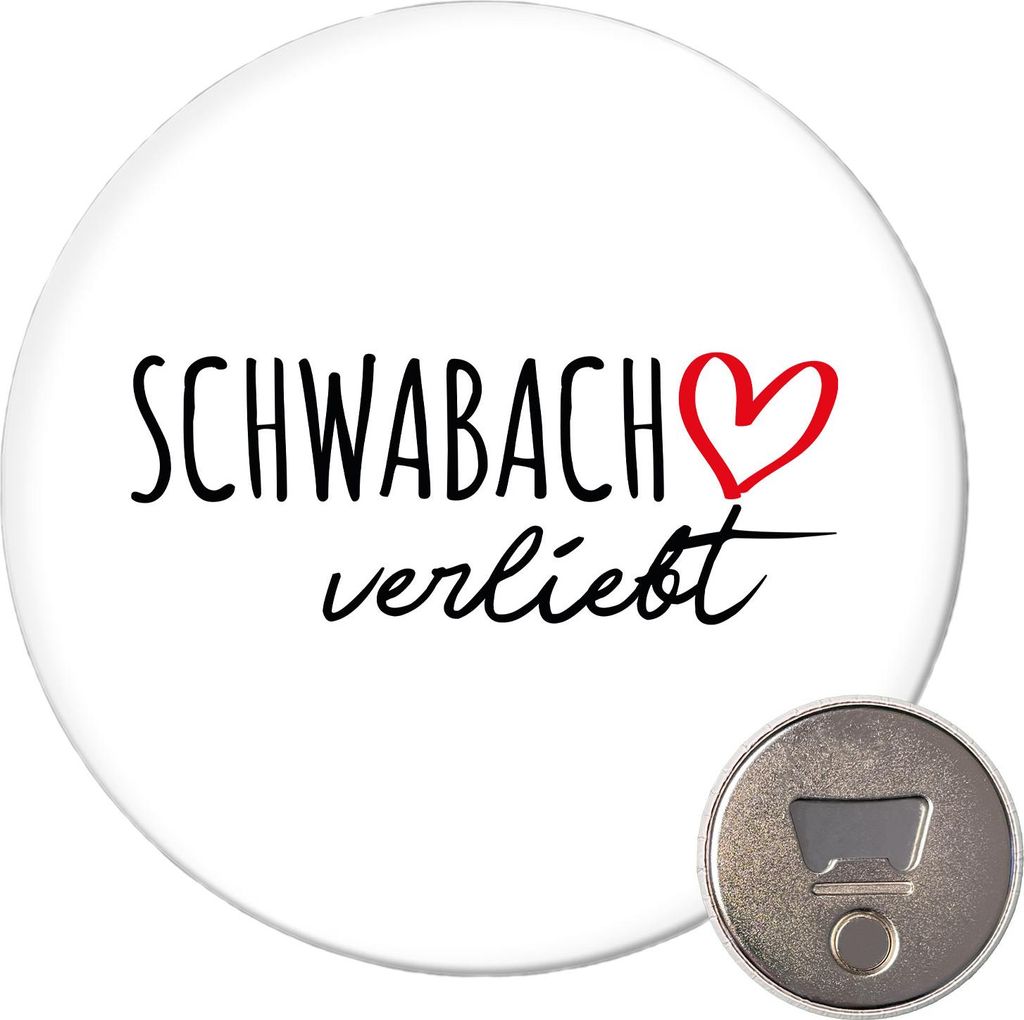 Huuraa Magnet Schwabach verliebt 59mm Kühlschrankmagnet rund Flaschenöffner Geschenkidee