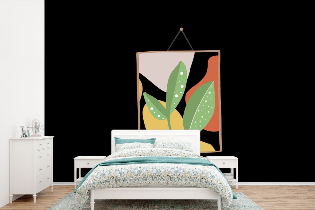MuchoWow Fototapete für Wohnzimmer oder Schlafzimmer Wandtapete Vinyl Motivtapete Pflanze - Blätter - Rahmen - Pastell - 420x280 cm - Zimmer f...