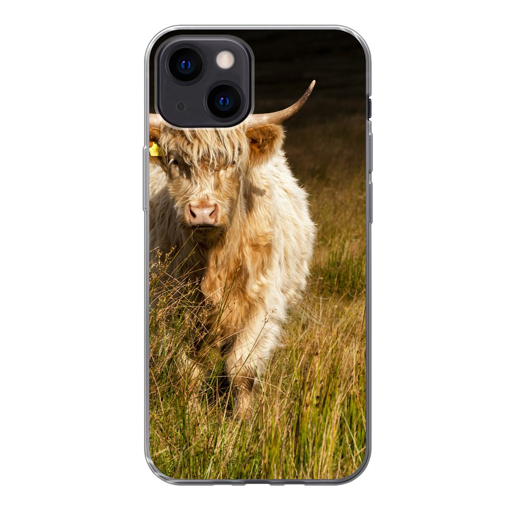 MuchoWow Handyhülle Schutzhülle Hülle für iPhone 13 mini Schottische Highlander - Licht - Gras - Tiere Silikon Softcase Handy Hülle - Softcase